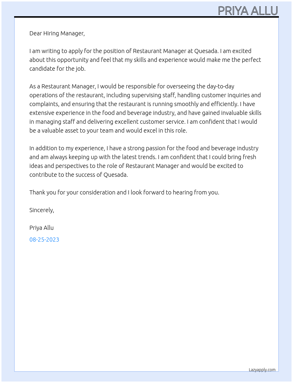 Restaurant Manager At Quesada Cover Letter