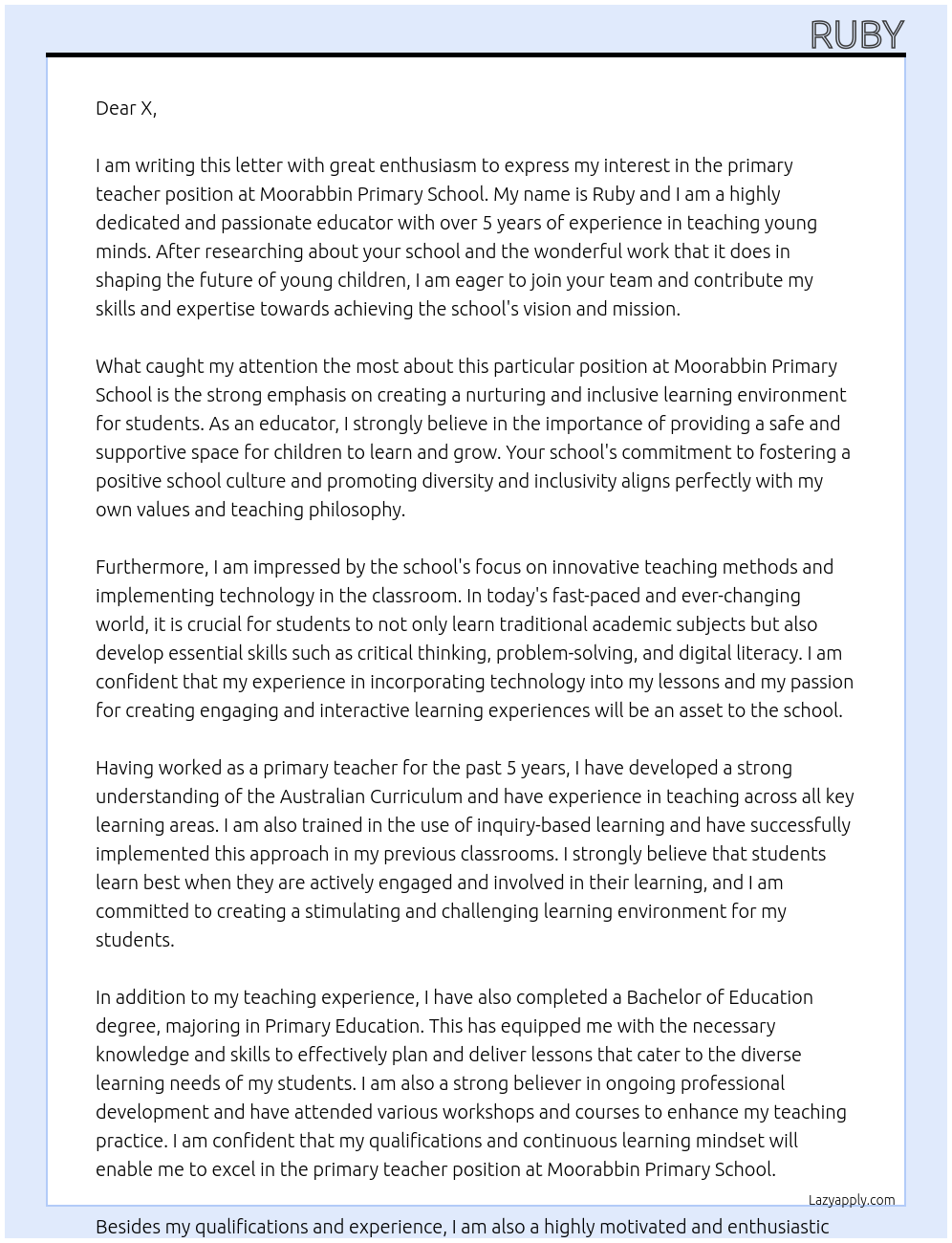 primary teacher At Moorabbin Primary School Cover Letter