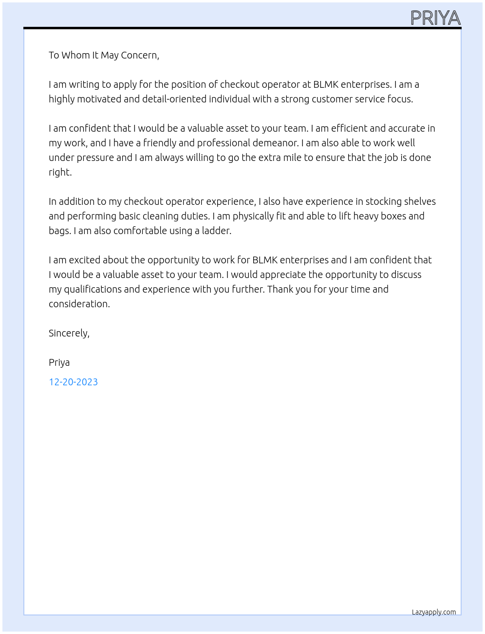 checkout operator At BLMK enterprises Cover Letter