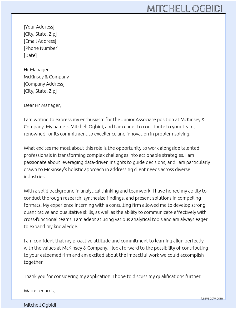 Junior associate At McKinsey & company Cover Letter