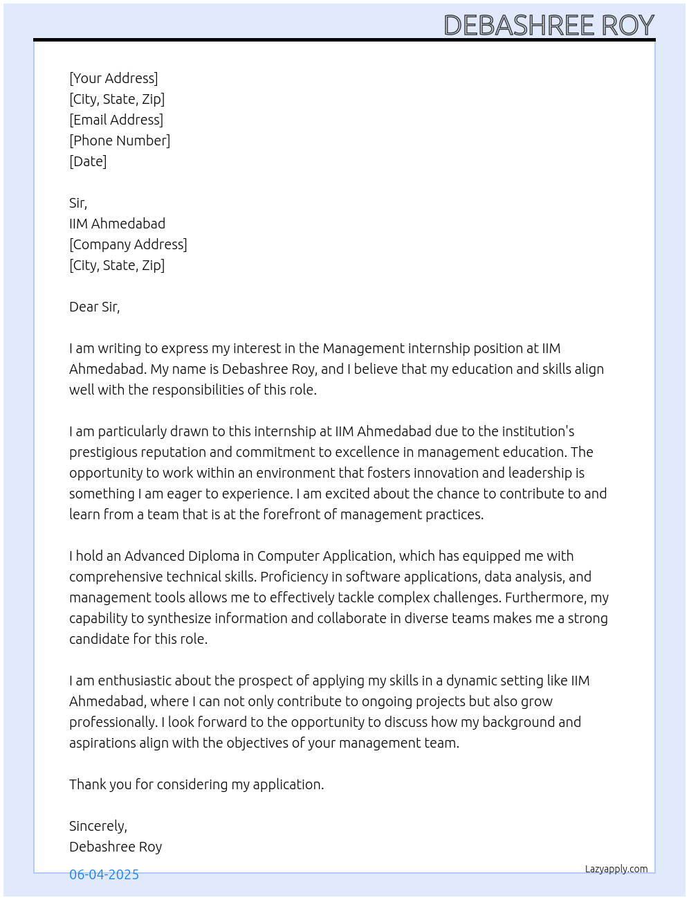 Management At IIM AHMEDABAD Cover Letter