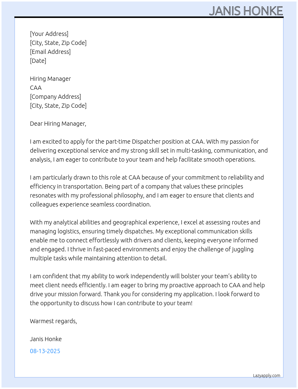 Cover letter for dispatcher - LazyApply