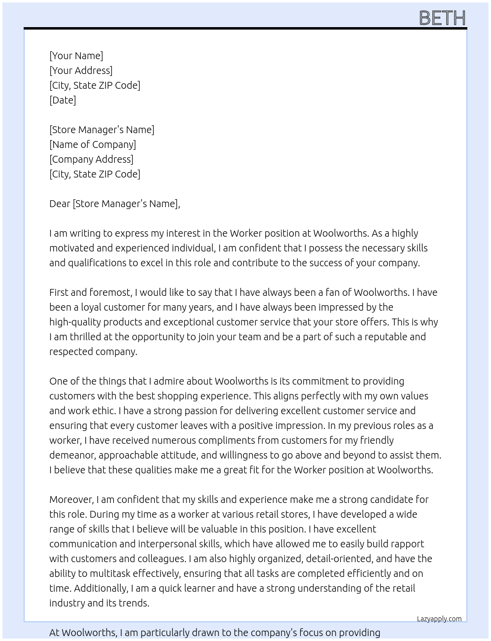 Worker At Woolowrths Cover Letter