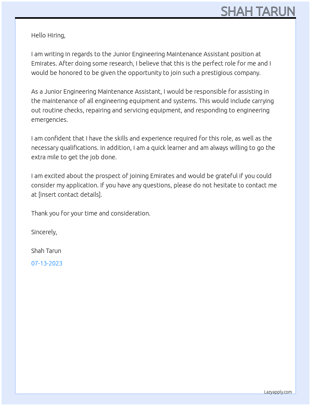 JUNIOR ENGINEERING MAINTENANCE ASSISTANT At Emirates Cover Letter