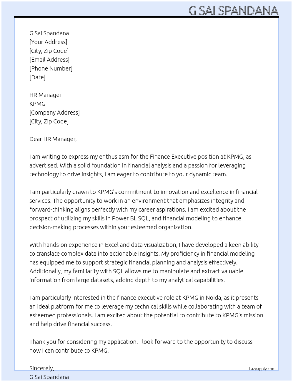 finance executive At KPMG Cover Letter