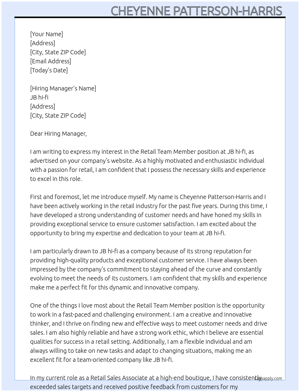 Retail Team Member At JB hi-fi Cover Letter