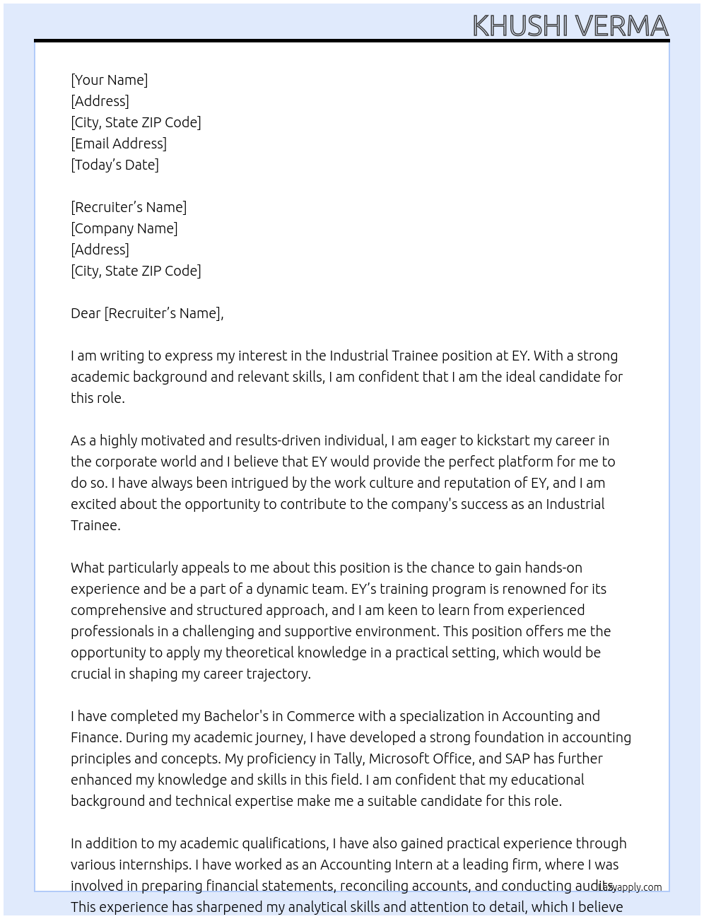 Industrial Trainee At EY Cover Letter