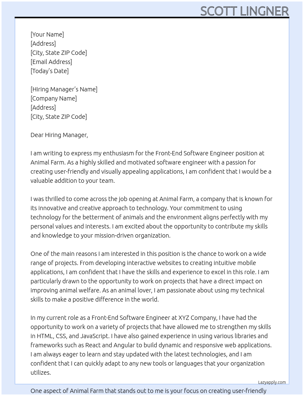 Front-End Software Engineer At Animal Farm Cover Letter