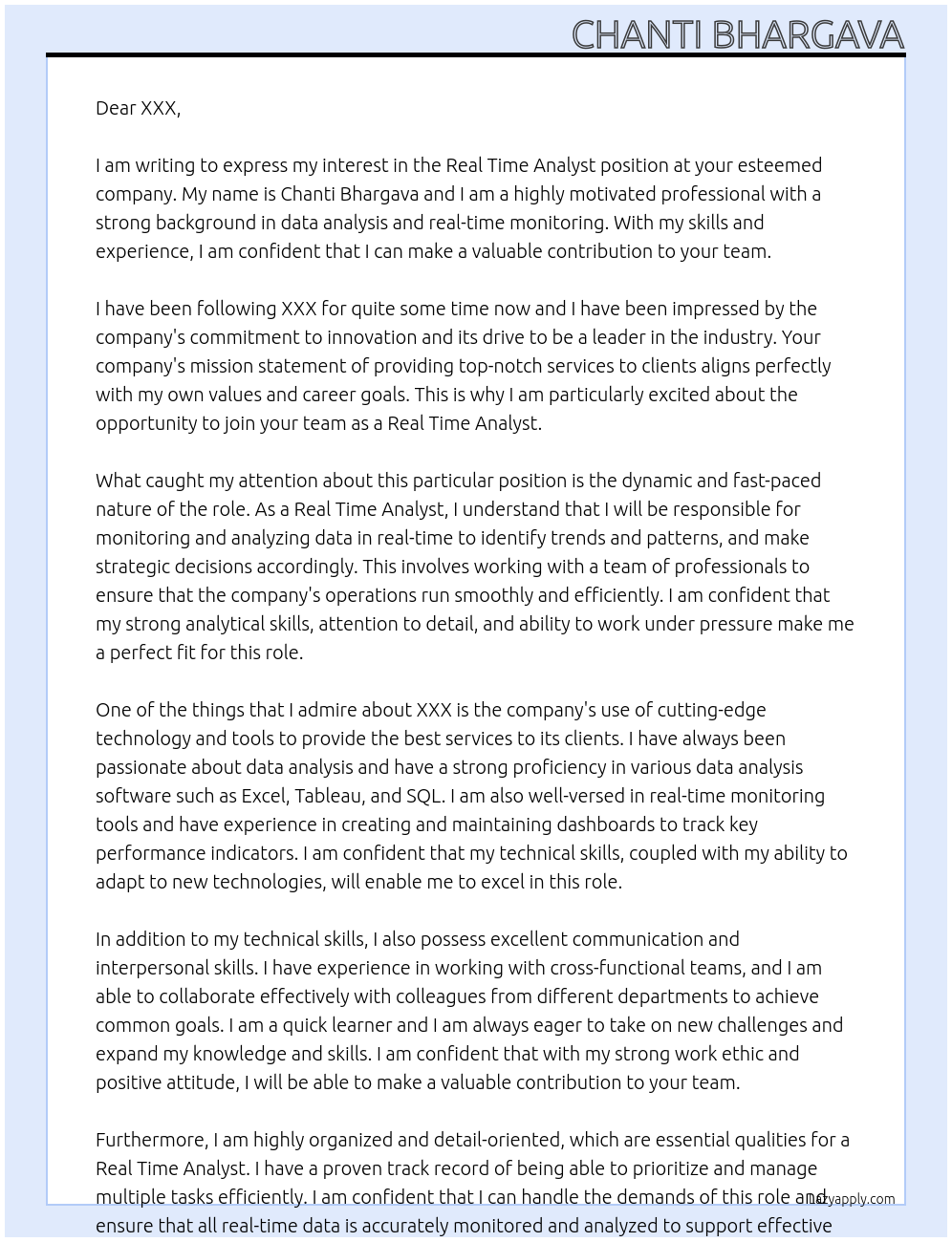 Real time Analyst At XXX Cover Letter