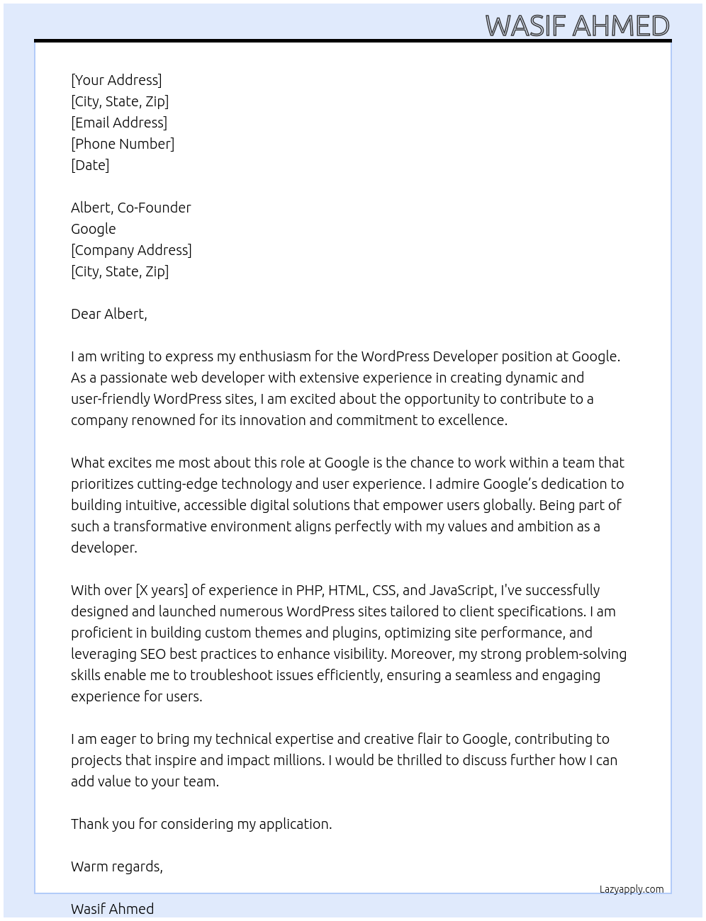 WordPress Developer At Google Cover Letter