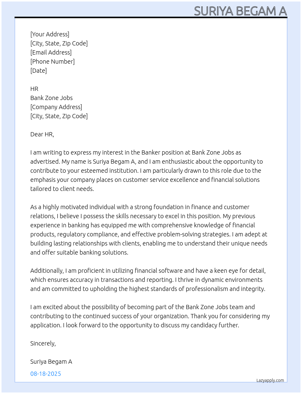 Banker At Bank zone jobs Cover Letter