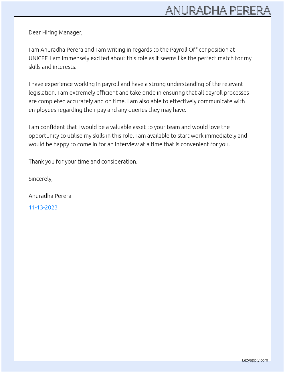 Payroll Officer At UNICEF Cover Letter