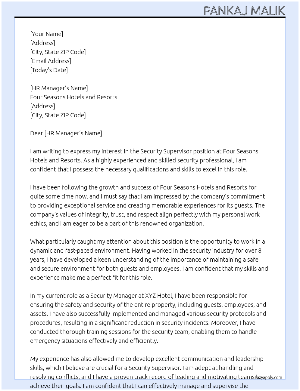 Security Supervisor At Four Seasons Hotels And Resorts Cover Letter