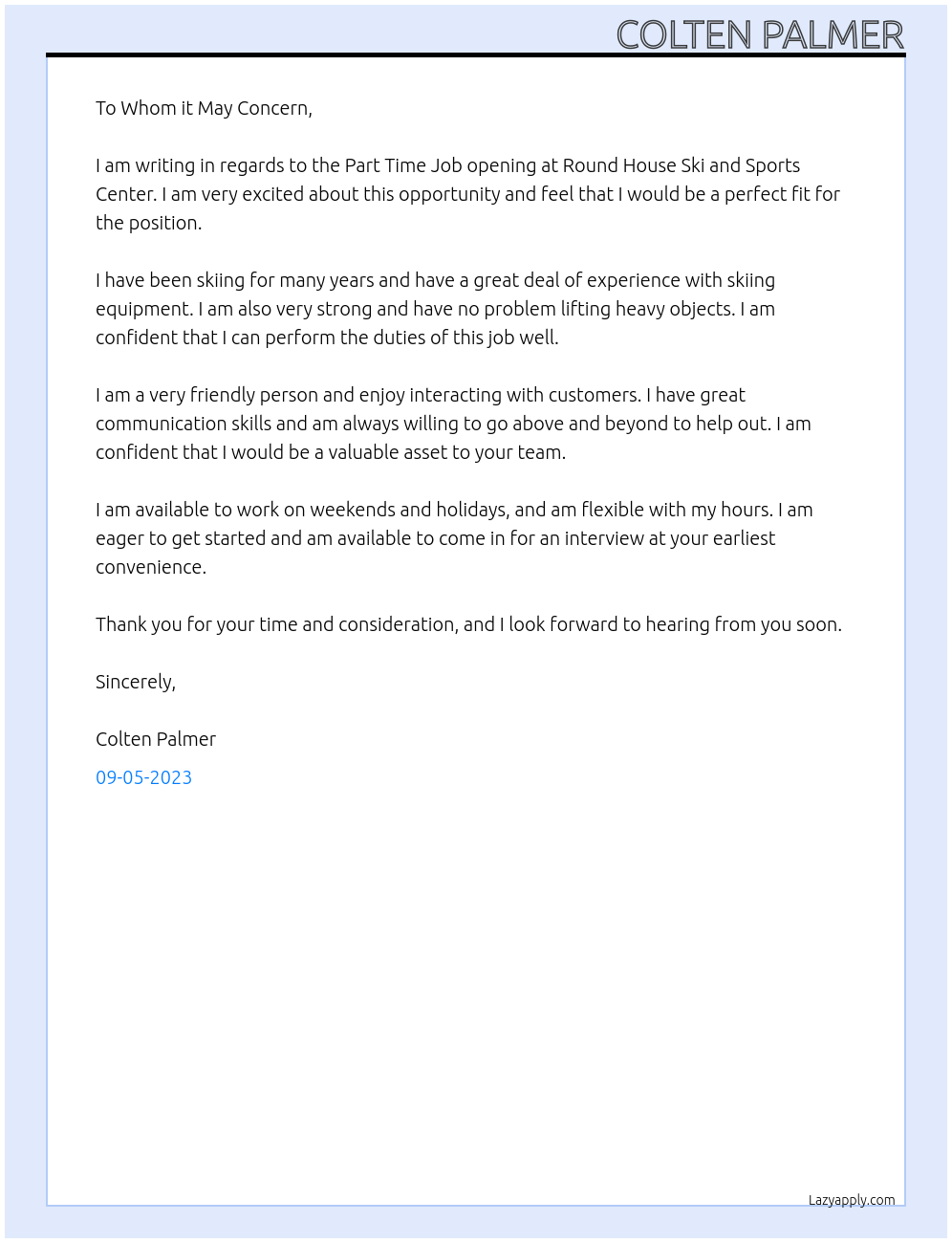 Part Time Job At Round House Ski and Sports Center Cover Letter