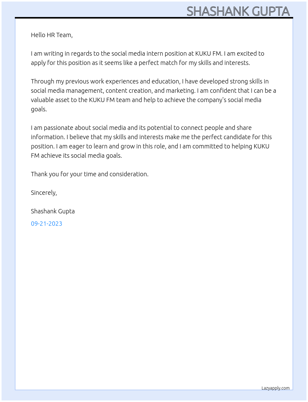 Social media intern At KUKU FM Cover Letter