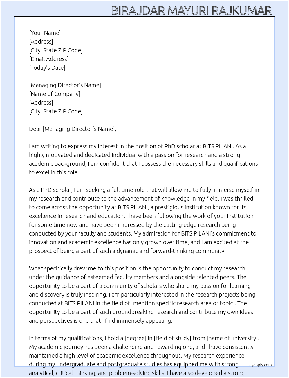 PhD scholar At BITS PILANI Cover Letter