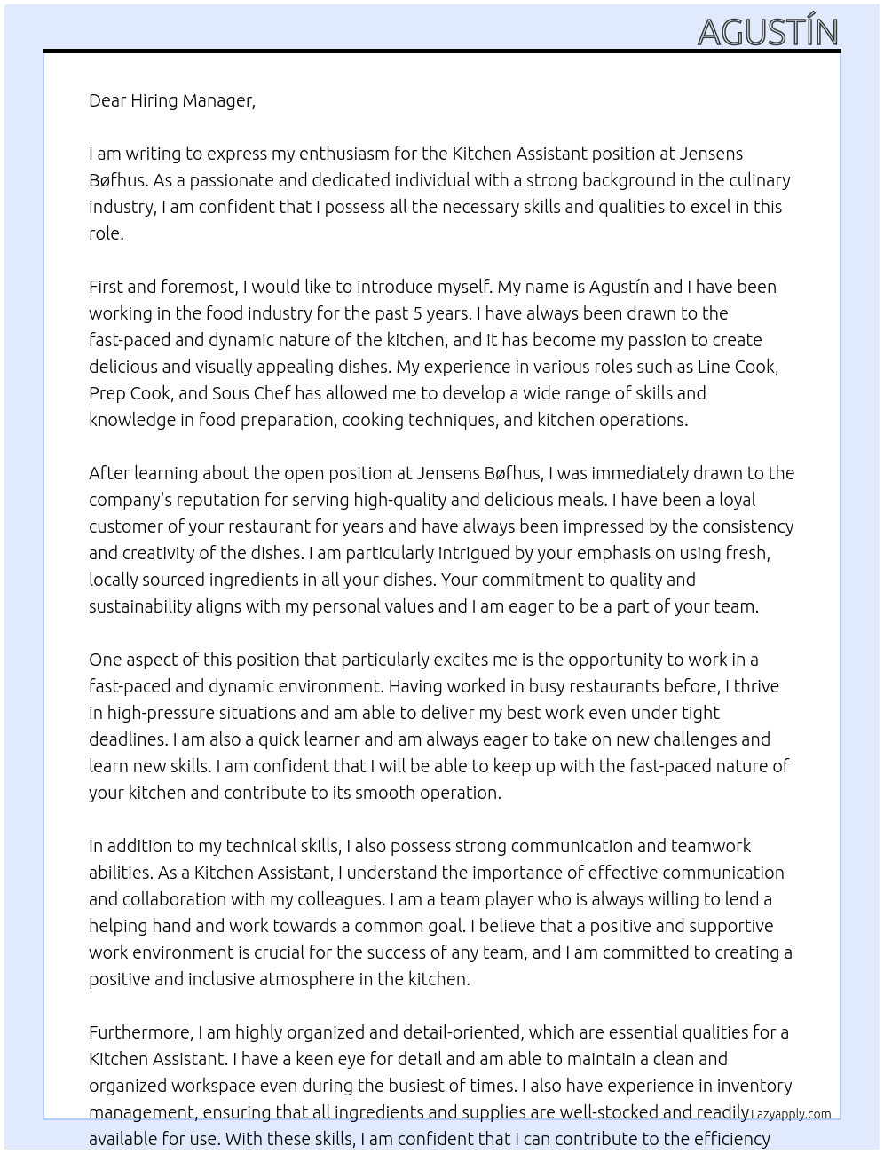 Kitchen Assistant At Jensens Bøfhus Cover Letter