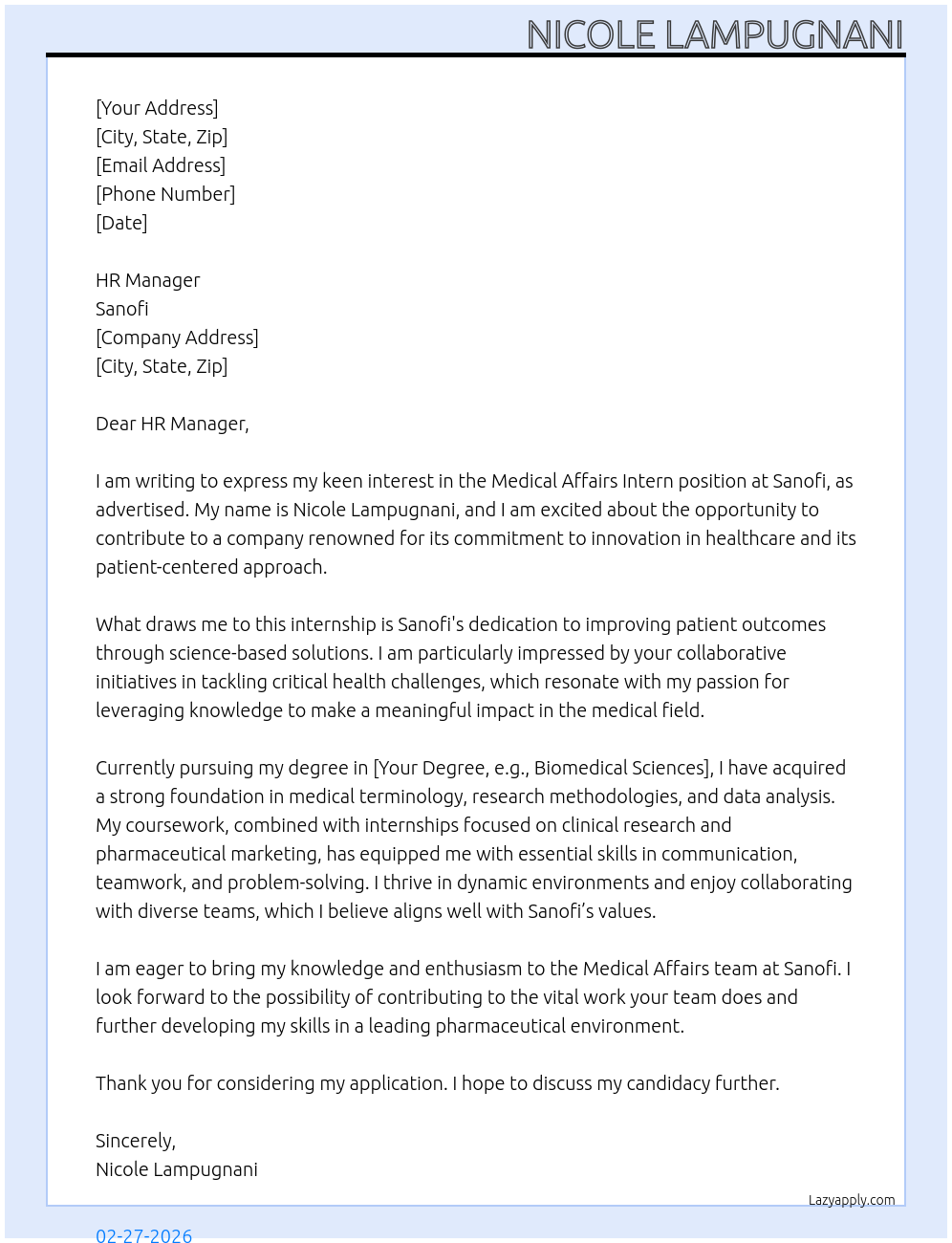 Medical Affairs intern At Sanofi  Cover Letter