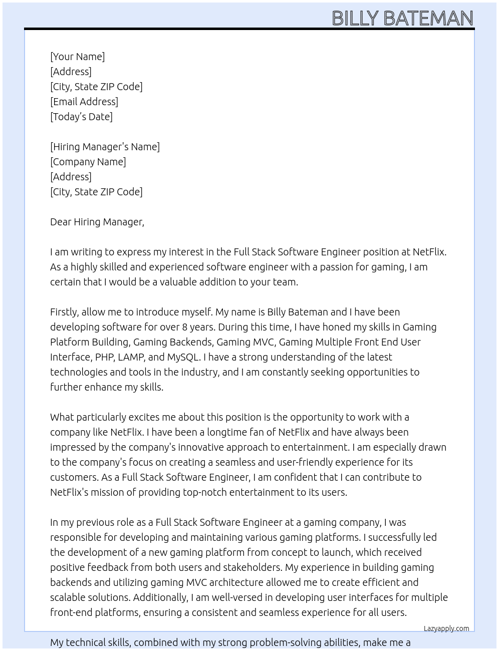 Full Stack Software Engineer At NetFlix Cover Letter