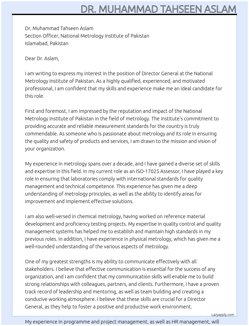 Director General At National Metrology Institute of Pakistan Cover Letter