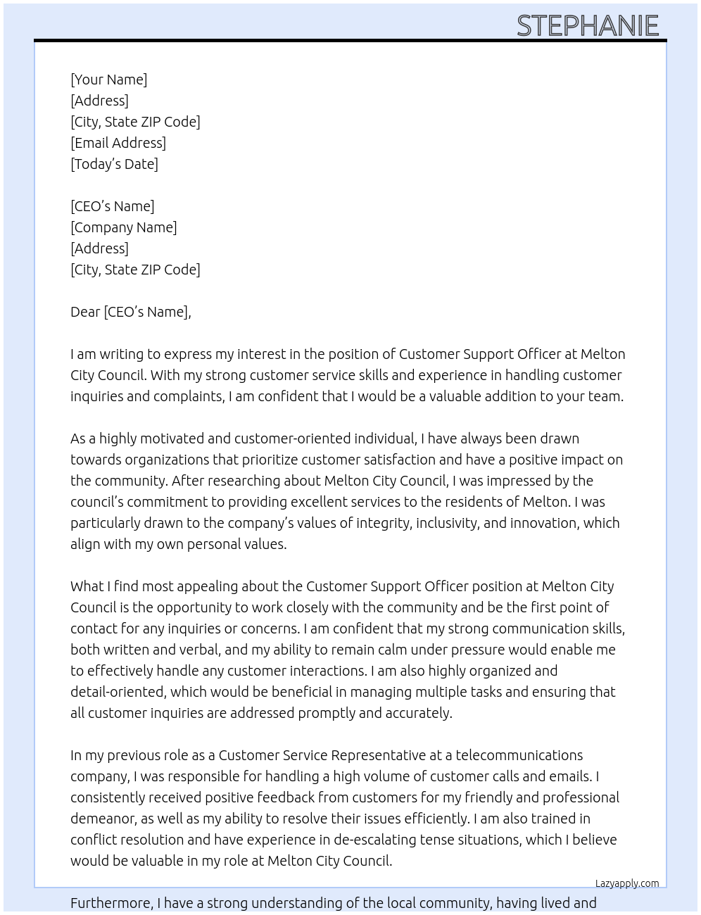 customer support officer At Melton City Council Cover Letter