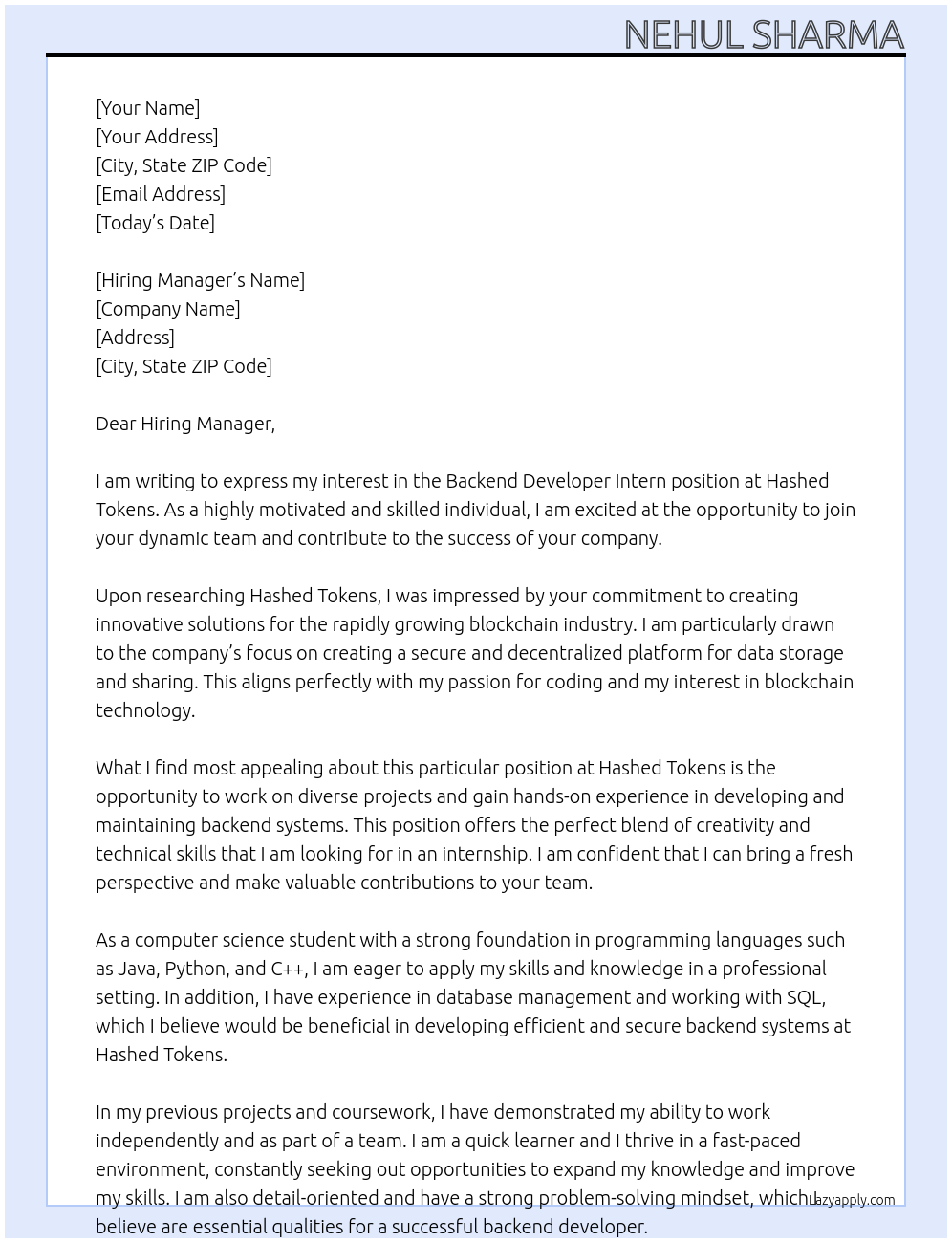 Backend Developer Intern At Hashed Tokens Cover Letter