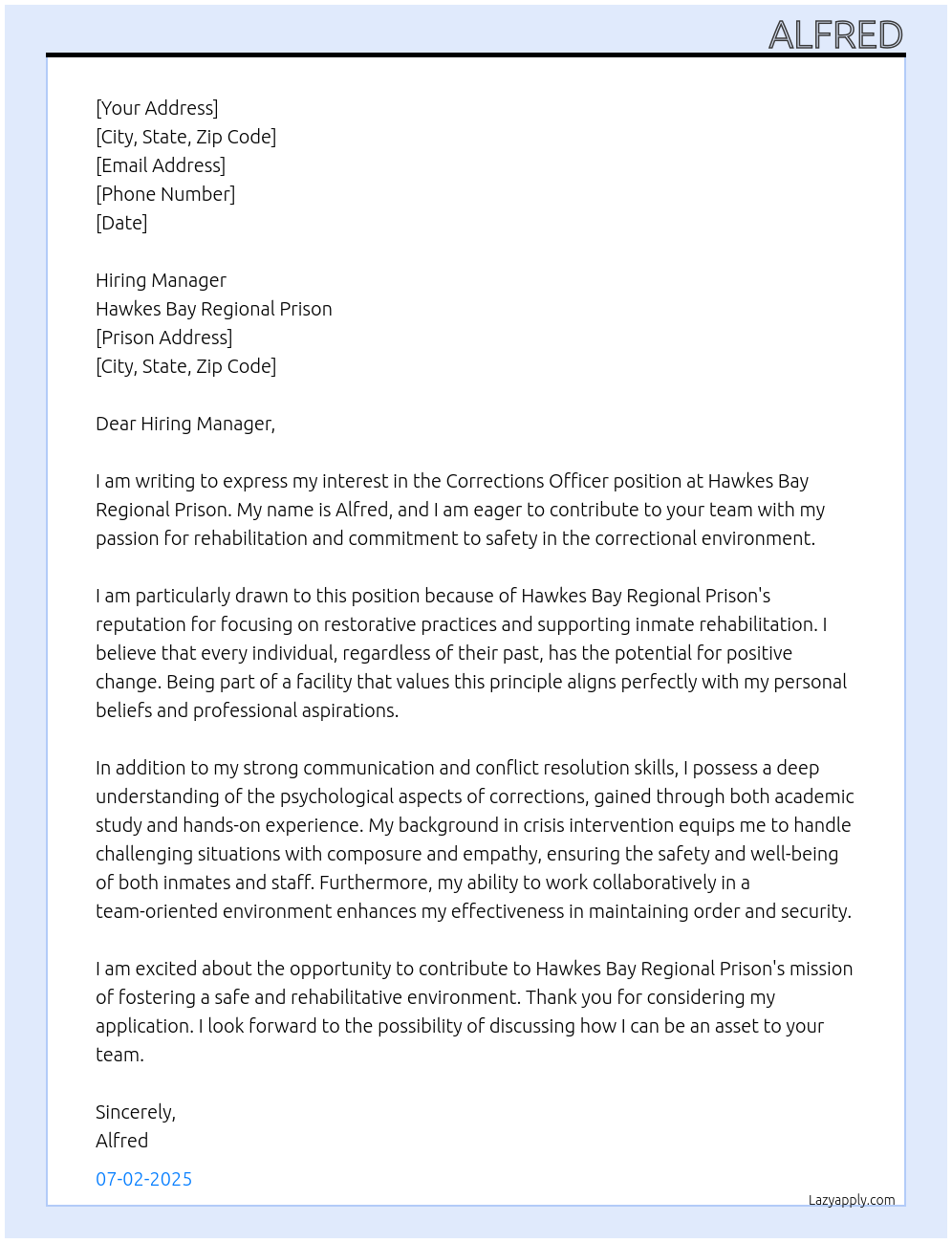 Corrections Officer At Hawkes Bay Regional Prison Cover Letter