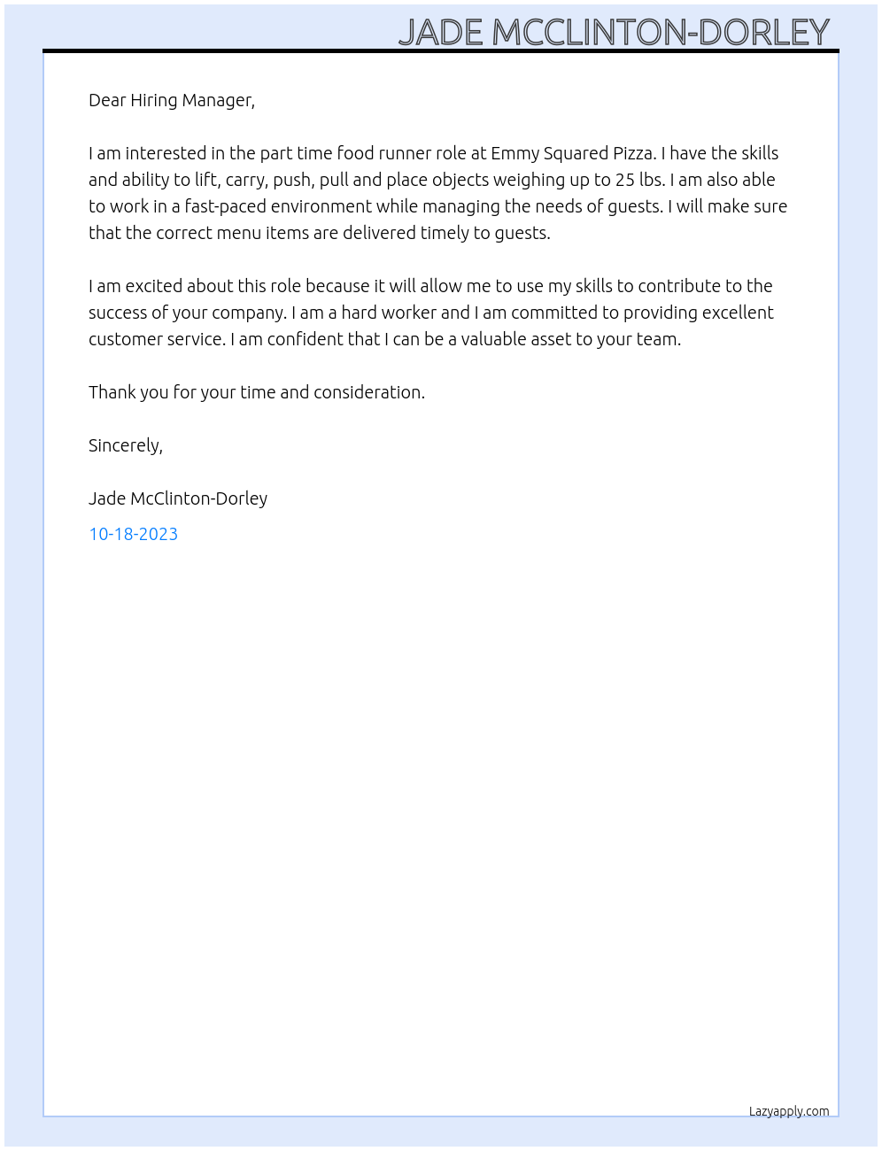 Food Runner At Emmy Squared Pizza Cover Letter