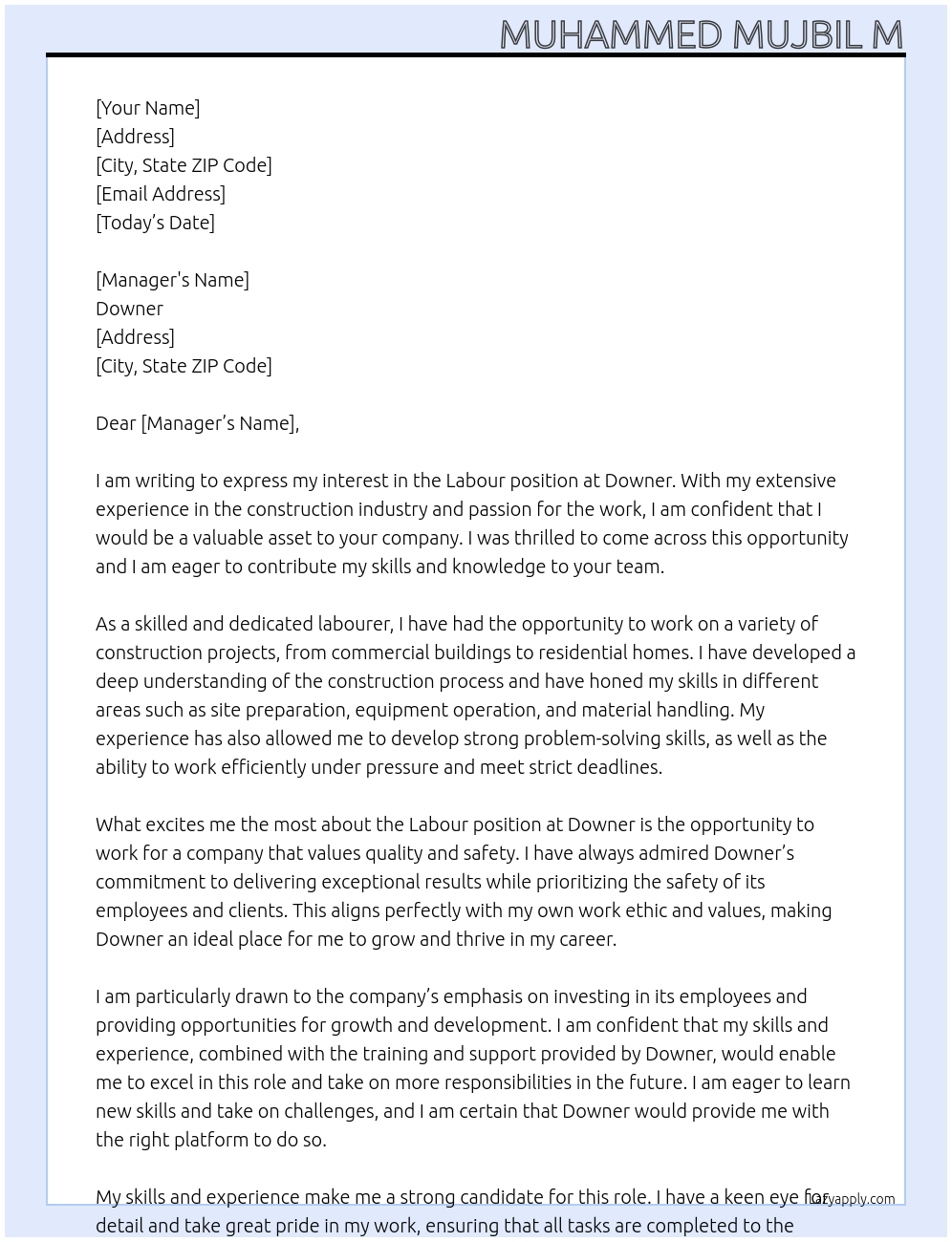 labour  At Downer  Cover Letter