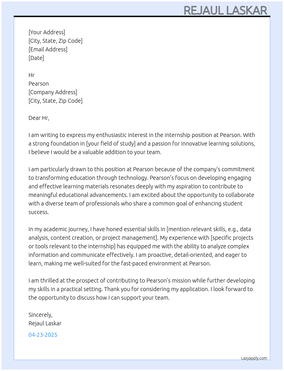 Internship  At Pearson  Cover Letter