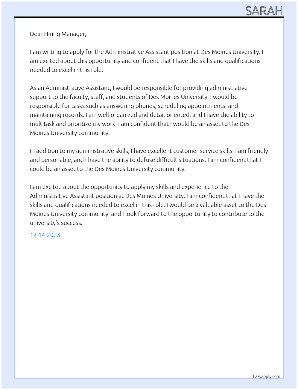 Adminstrative assistant At Des Moines University Cover Letter