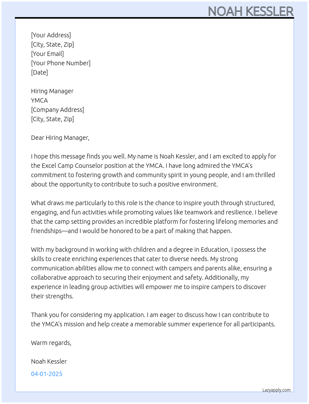 Excel Camp Counselor At YMCA Cover Letter