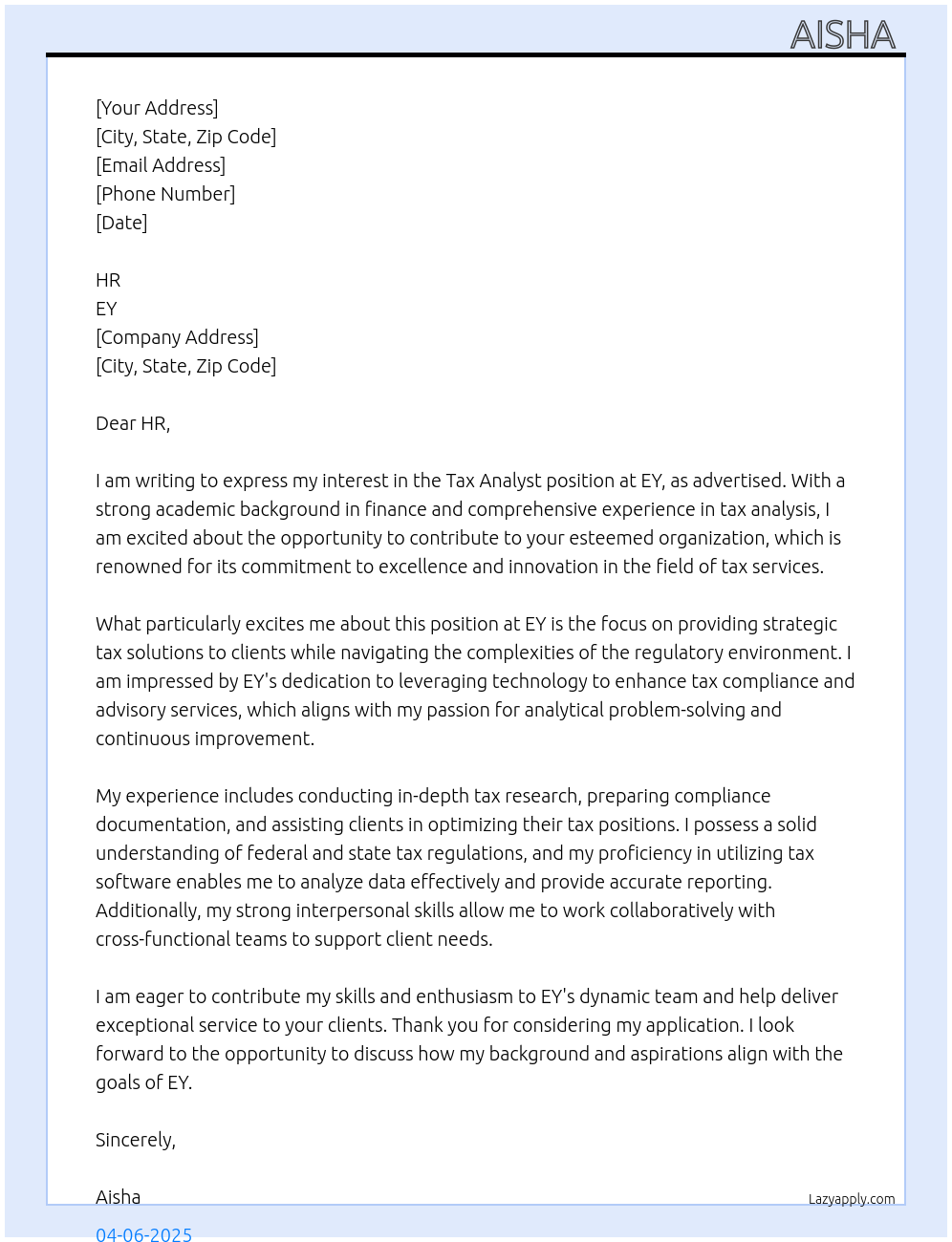 tax analyst At EY  Cover Letter