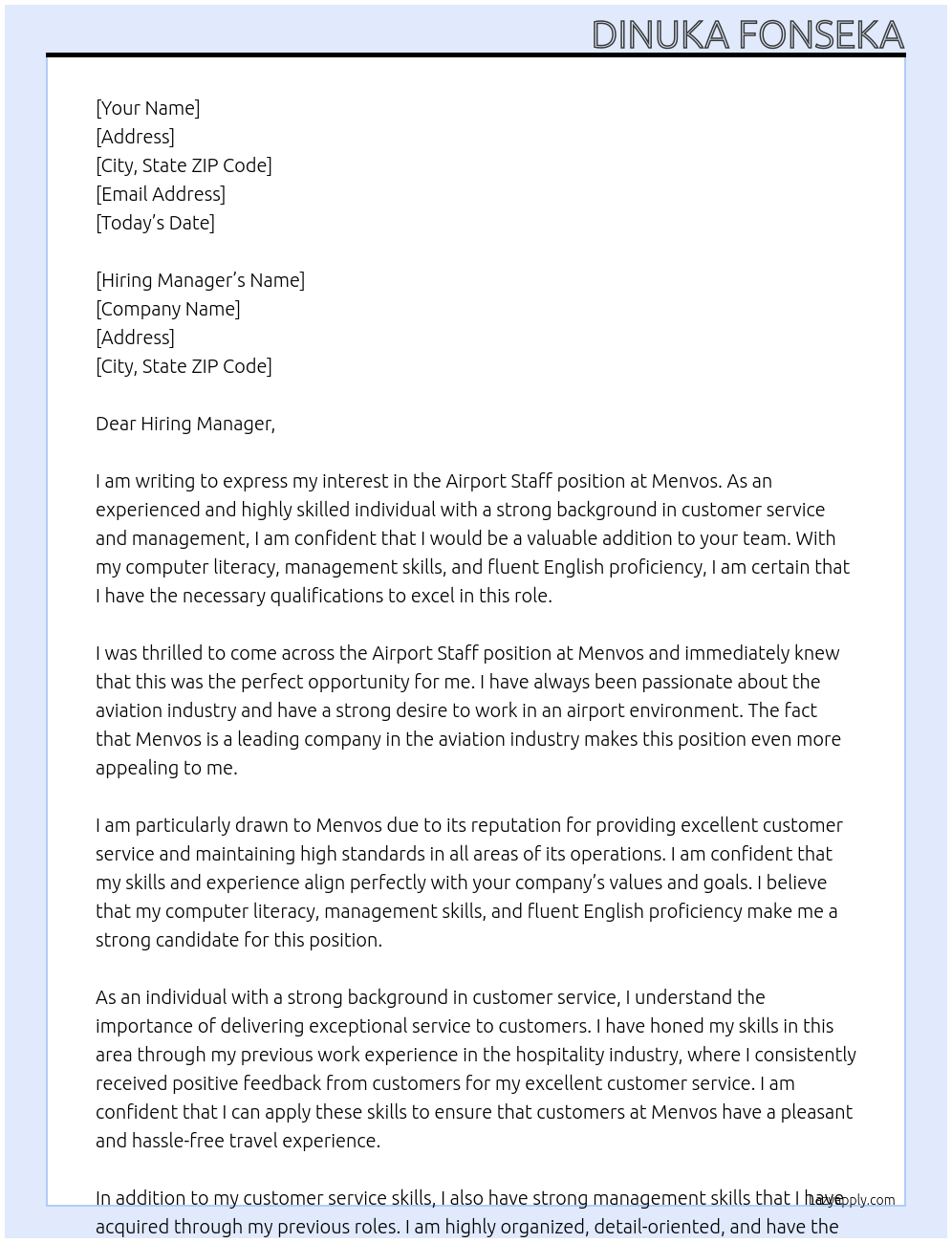 Airport Staff At Menvos  Cover Letter