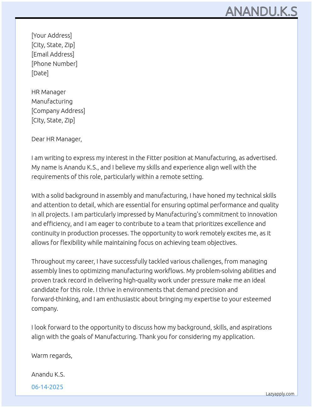 Fitter At Manufacturing Cover Letter