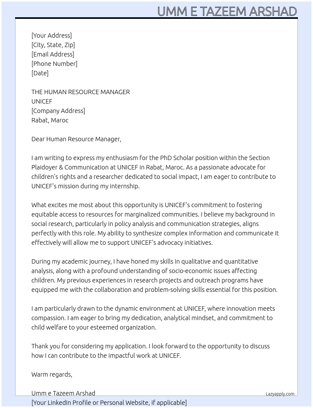 PhD Scholar At UNICEF, Internship - Section Plaidoyer & Communication, Rabat, Maroc, 2 mois Cover Letter