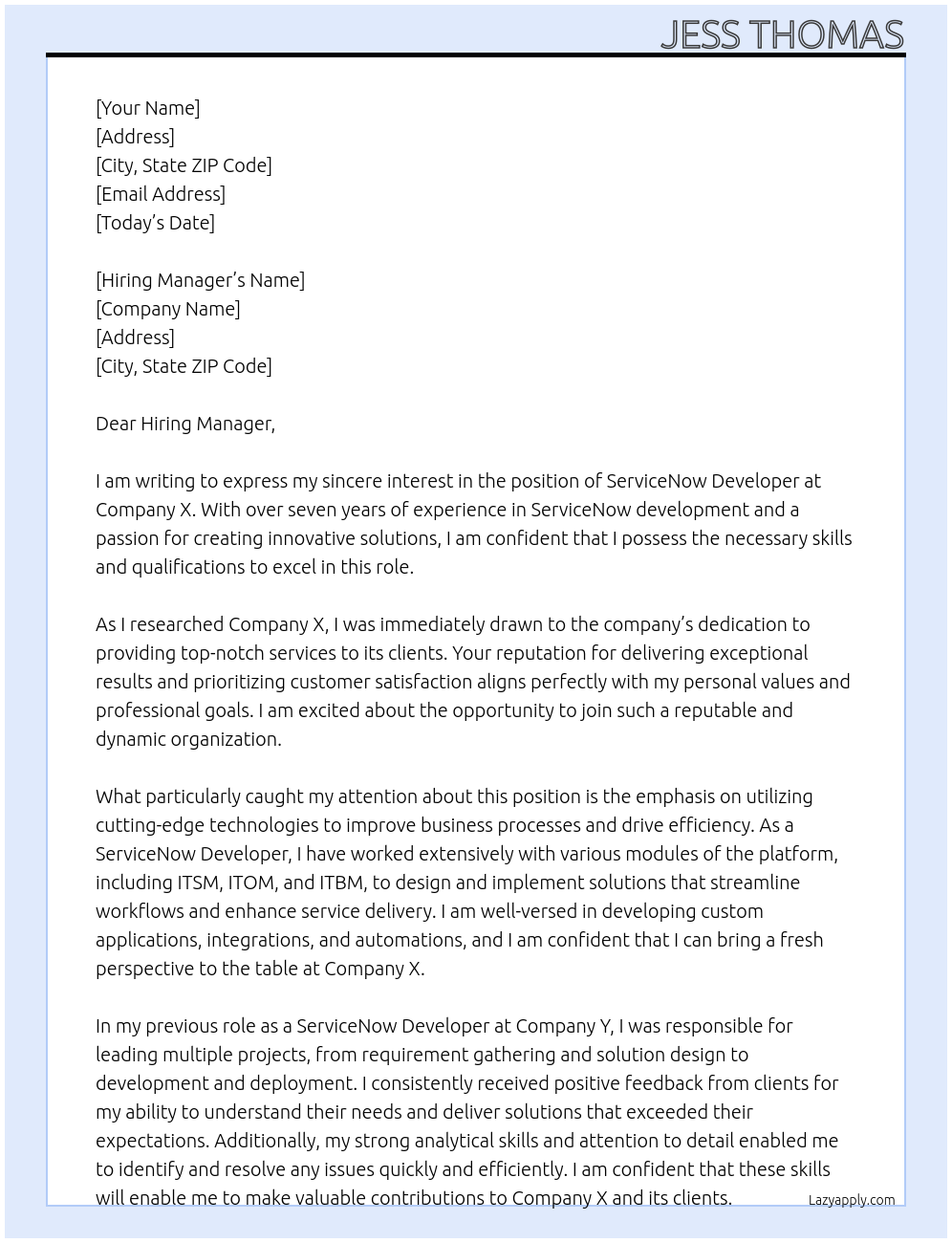ServiceNow Developer At Company X Cover Letter