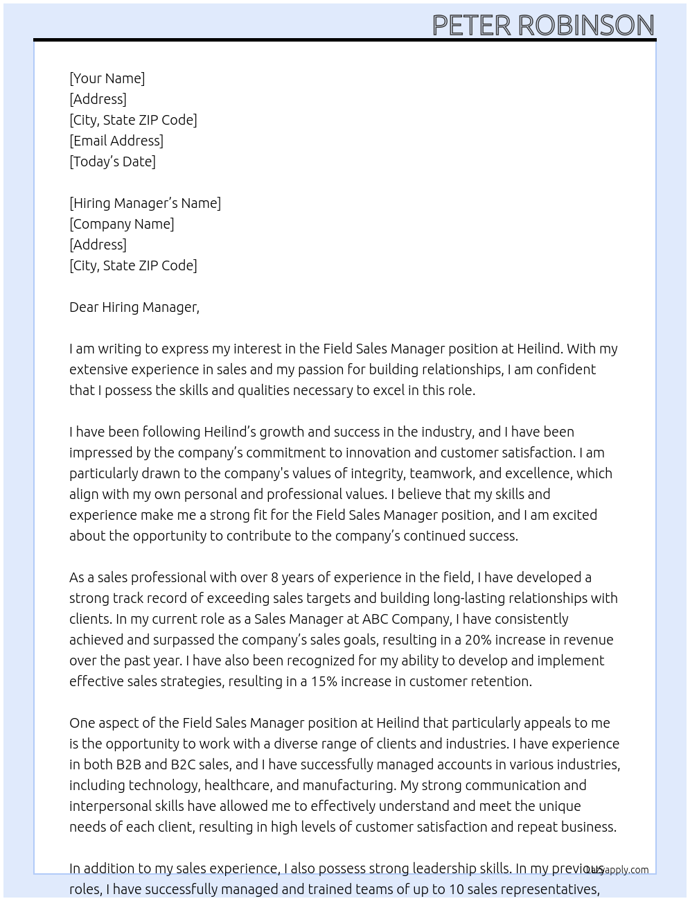 Field Sales Manager At Heilind Cover Letter