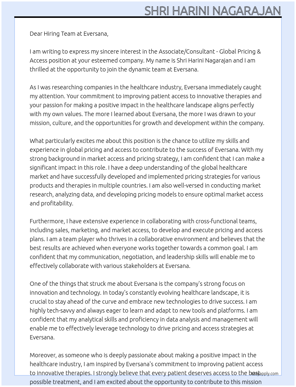 Associate / Consultant _ Global Pricing & Access At eversana Cover Letter