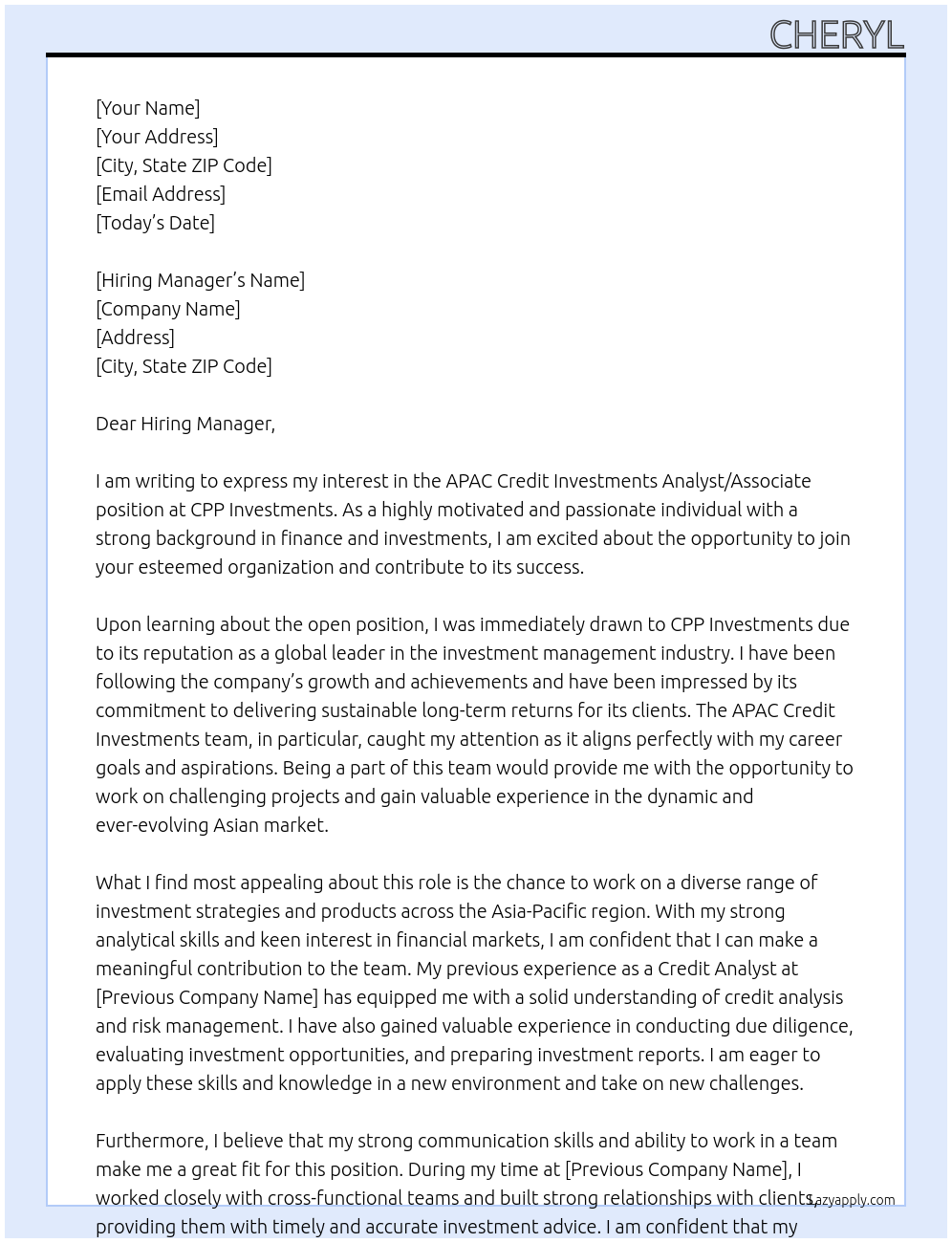 APAC Credit Investments Analyst/Associate,  At CPP Investments Cover Letter