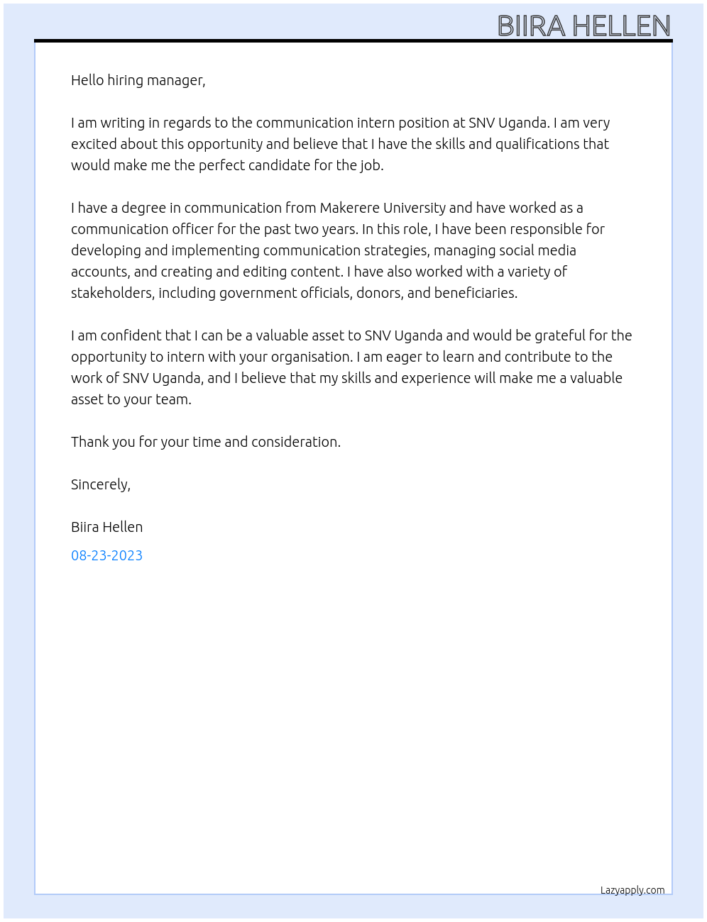 Communication intern At SNV uganda Cover Letter