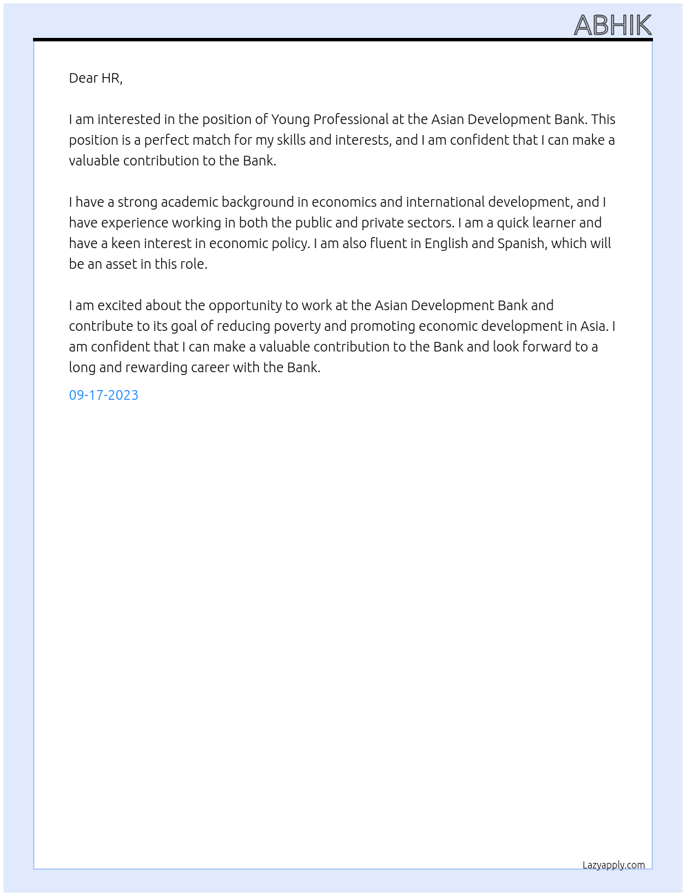 Young Professional At Asian Development Bank Cover Letter