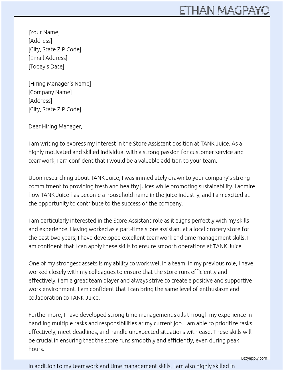 Store Assistant At TANK Juice Cover Letter