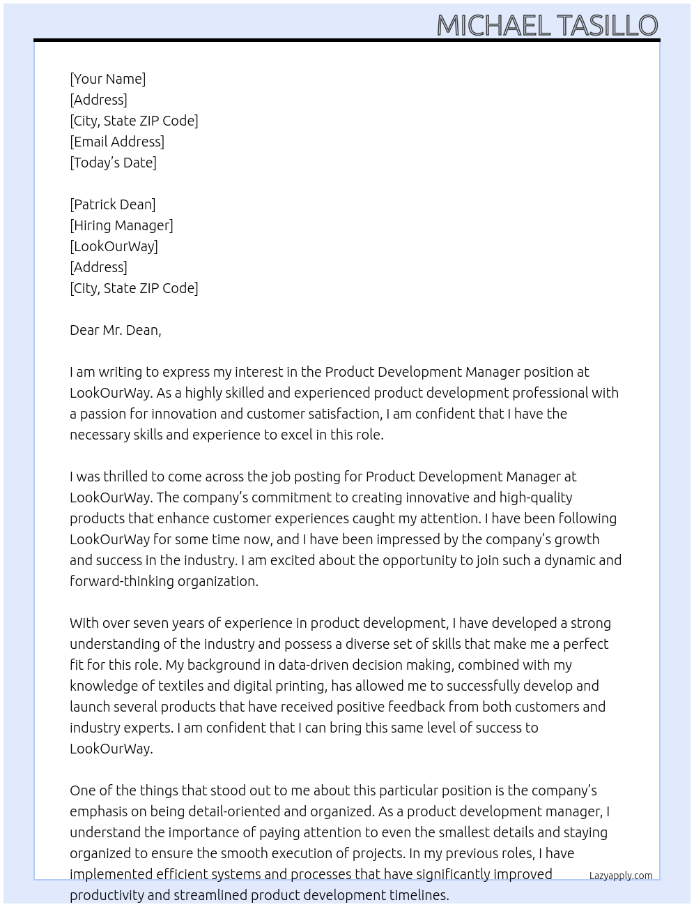 Product Development Manager At LookOurWay Cover Letter