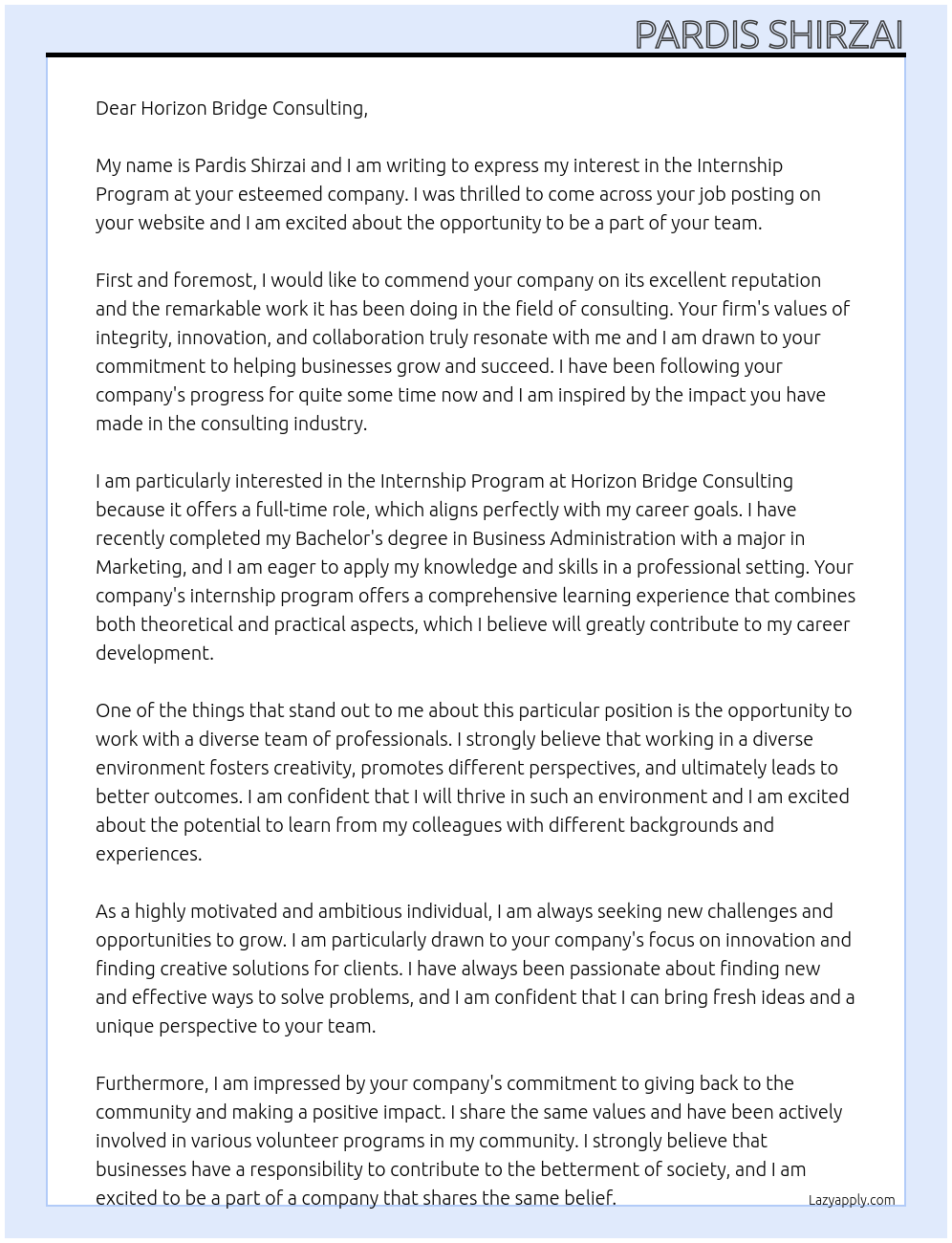 Internship Program At Horizon Bridge Consulting Cover Letter