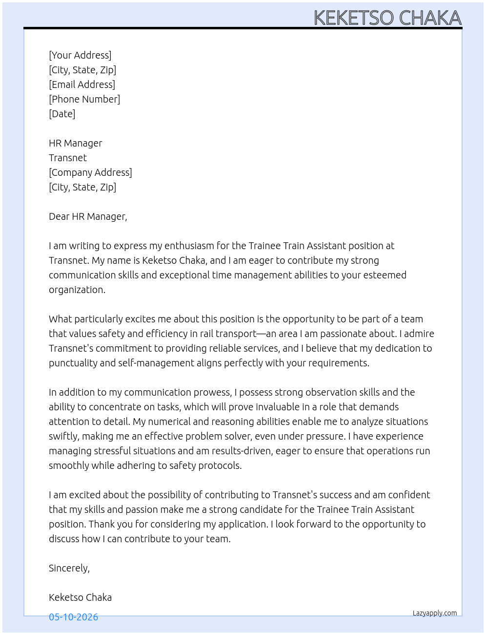 Trainee Train Assistant  At Transnet Cover Letter