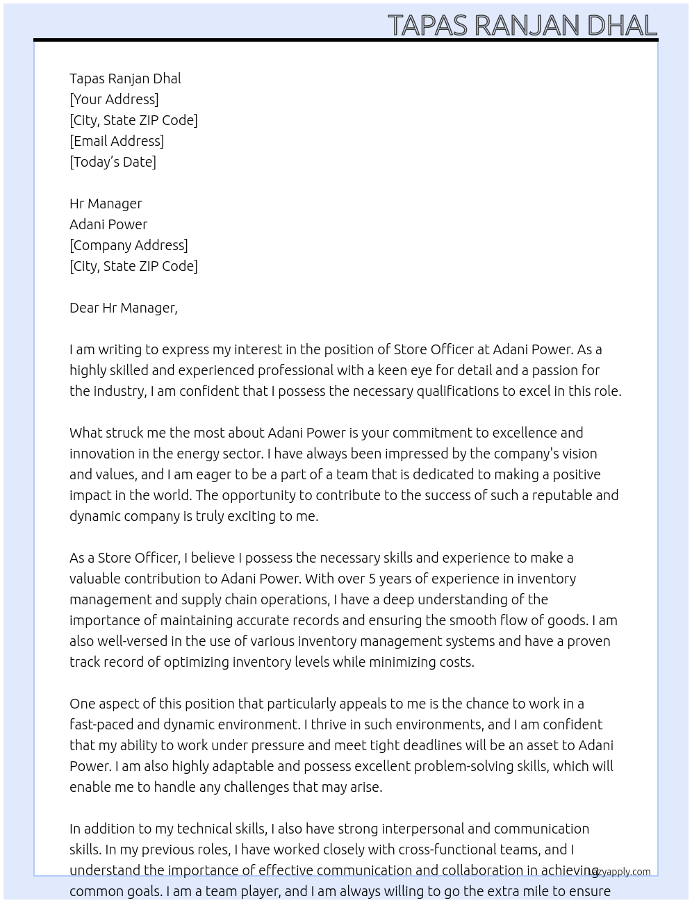 Store Officer At Adani Power Cover Letter