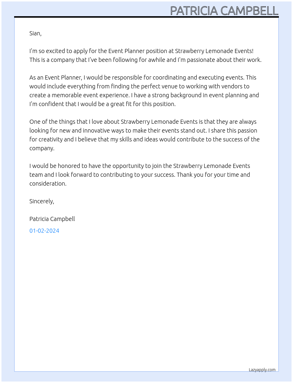 Event Planner At Strawberry Lemonade Events Cover Letter