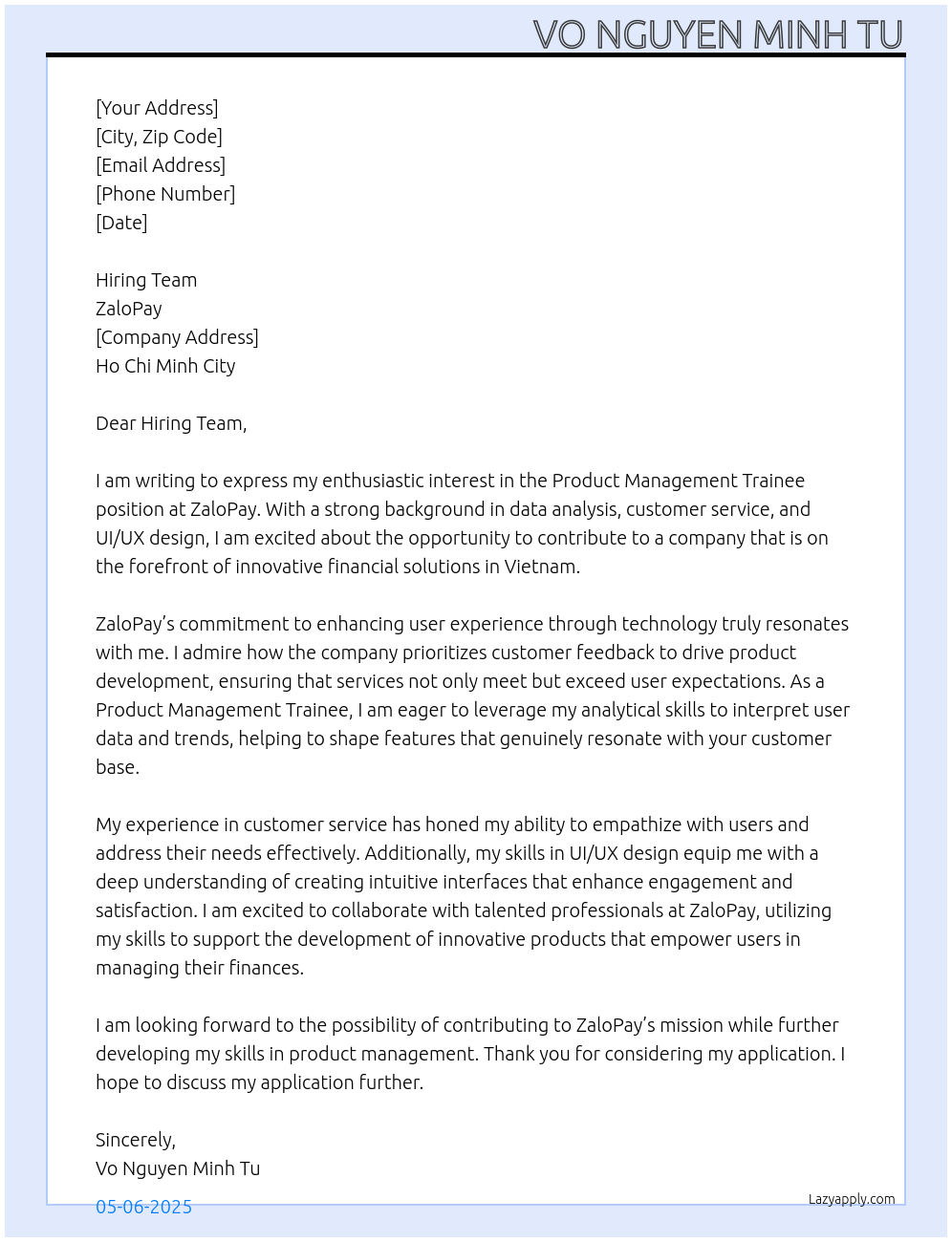 Cover letter for product management trainee - LazyApply