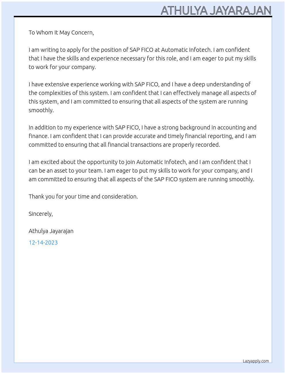 SAP FICO At Automatic Infotech Cover Letter